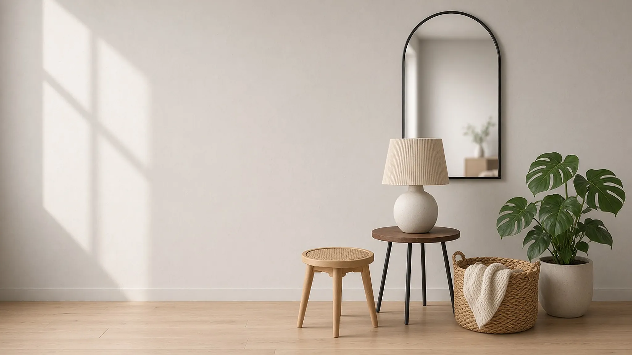 A calm room corner with an oak stool, a round walnut side table, an arched mirror, a lamp, a basket and a plant