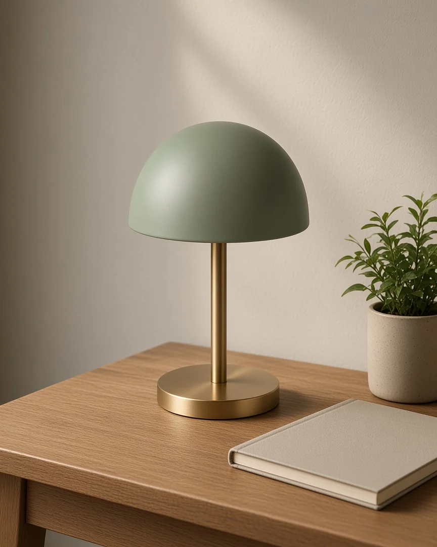 Brass & Sage Dome Lamp, in a room setting