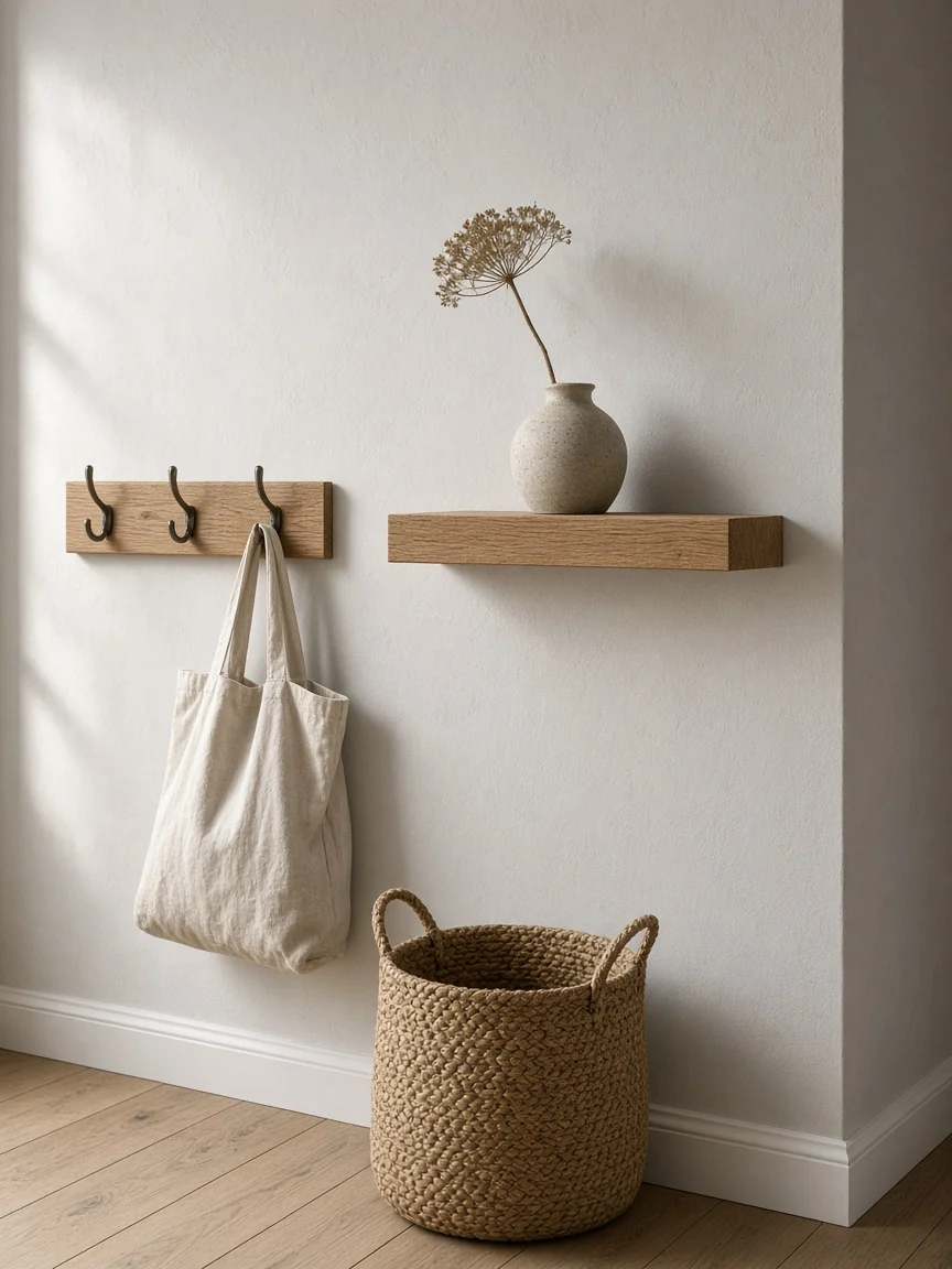 An entryway wall with a hook rail, a floating wooden shelf with a vase, and a woven basket